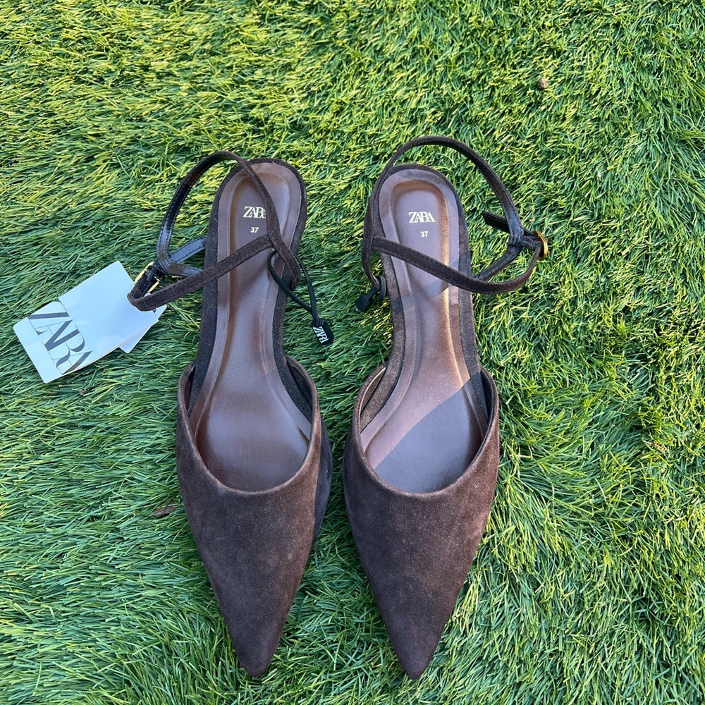 Zara Women's Brown Suede Kitten Heel Pointed Toe Slingbacks Sz 37